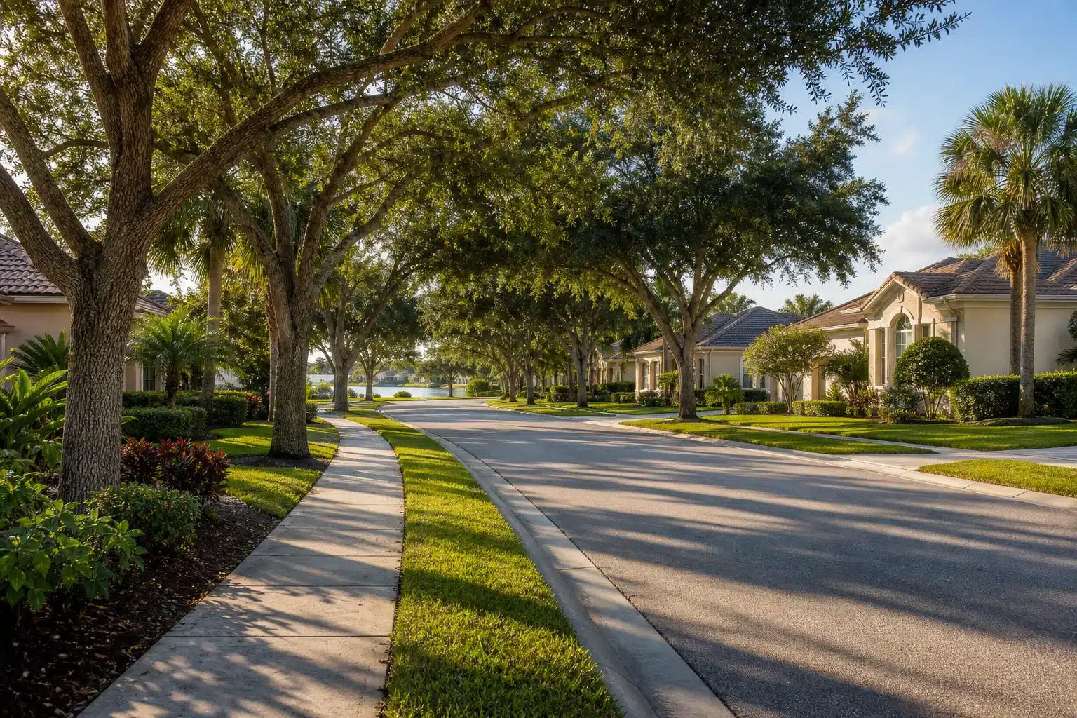 Illustrative Southwest Florida residential boulevard with live oaks and palms