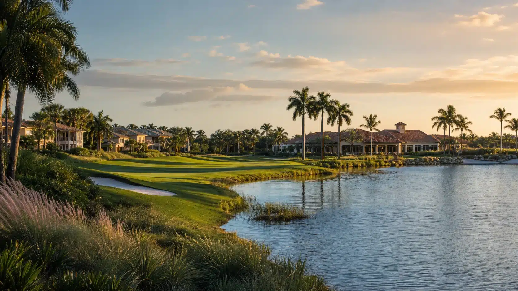 Illustrative Southwest Florida golf community beside a lake at golden hour