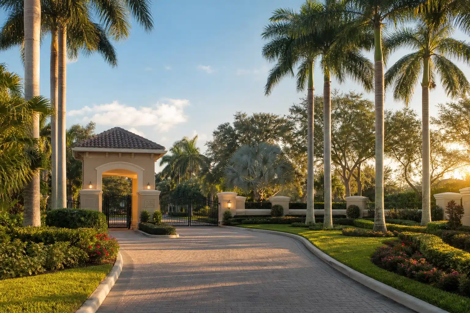Illustrative Southwest Florida gated community entrance with palm trees