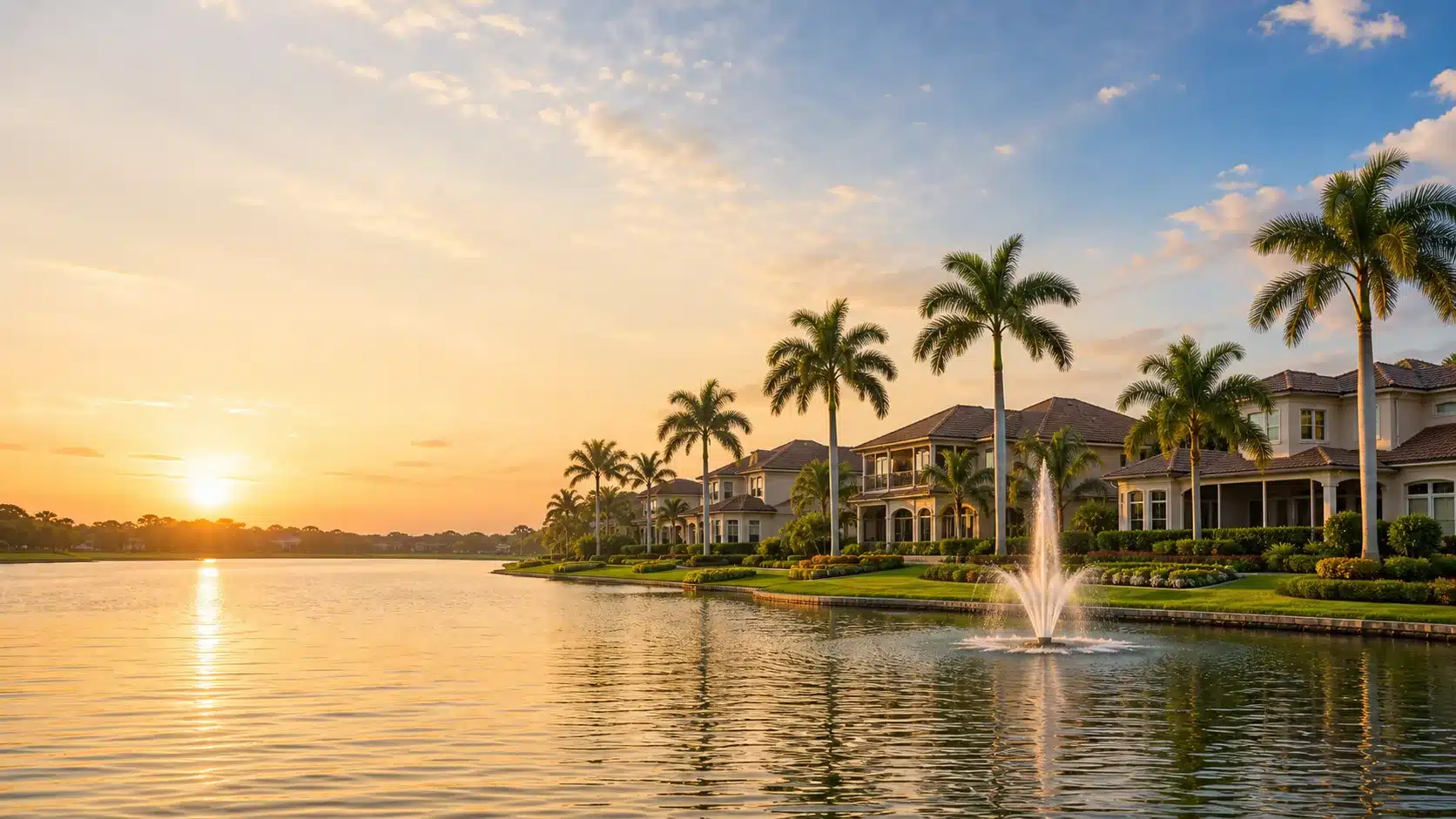 Illustrative Southwest Florida waterfront community at sunset