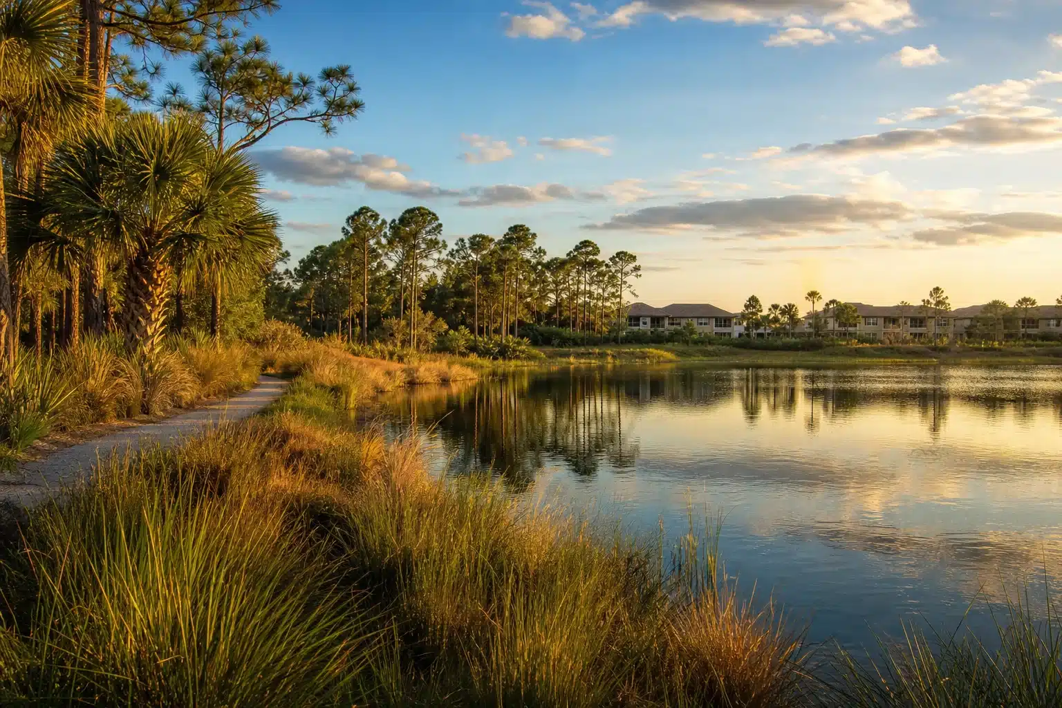 Illustrative Southwest Florida preserve lake with native grasses and palms